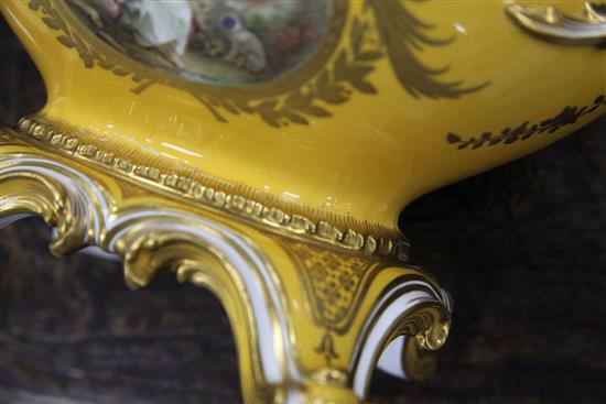 A Mintons bone china yellow ground gondola shaped vase, cover and stand, c.1894, in imitation of a Sevres pot pourri, 37cm, broken at t